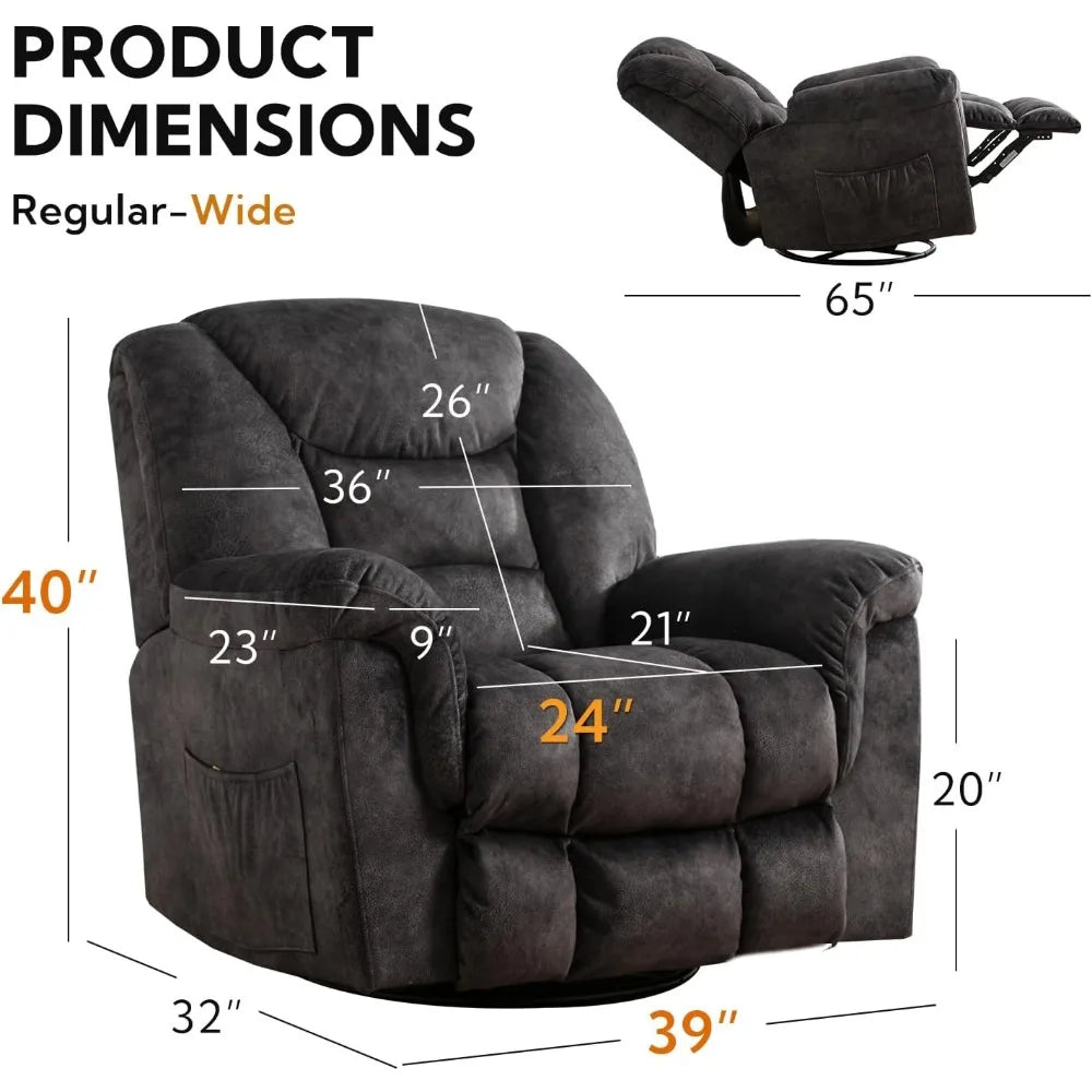 Rocker Recliner Chair Oversized Manual Degree Swivel ,Extra Wide