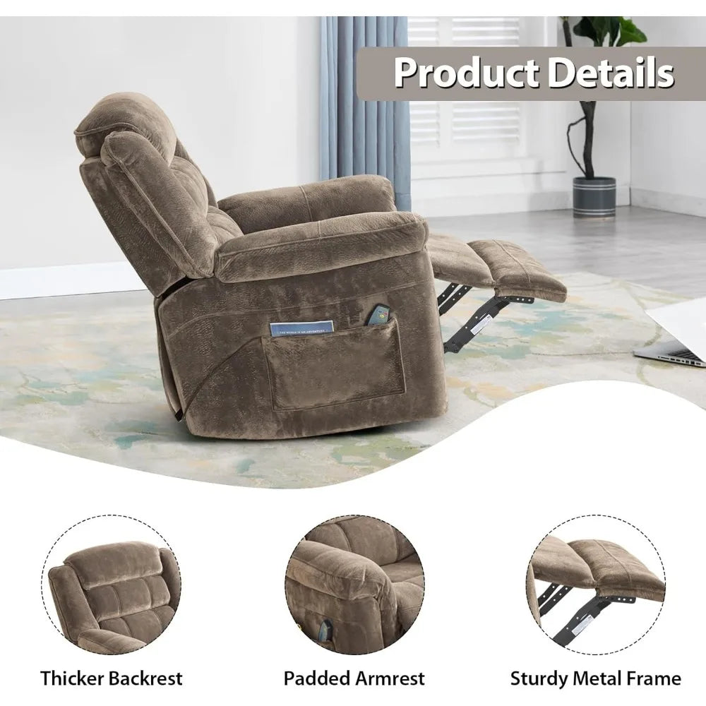 Oversized Swivel Rocker Chair with Massage and Heat Recliner, Brown