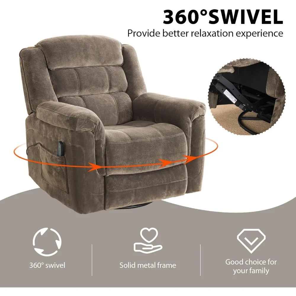 Oversized Swivel Rocker Chair with Massage and Heat Recliner, Brown
