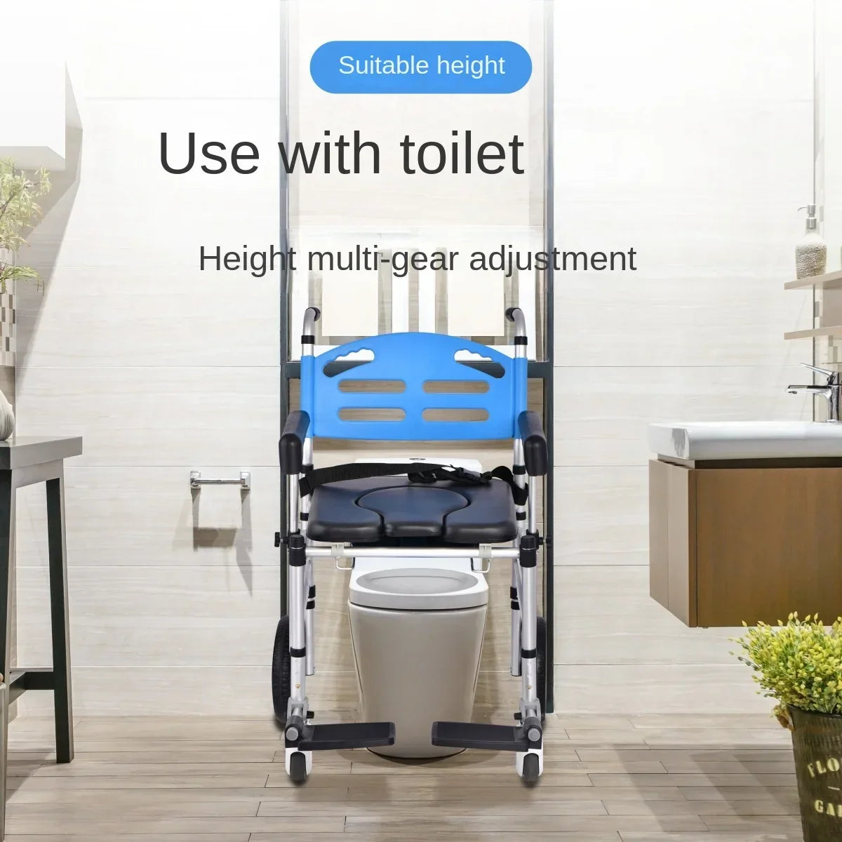 Shower Commode Toilet with Wheels Hand Pushed Height, Chair
