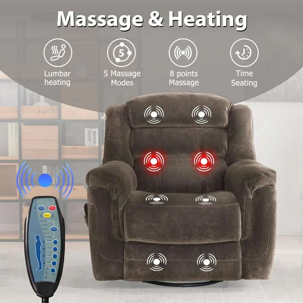 Oversized Swivel Rocker Chair with Massage and Heat Recliner, Brown