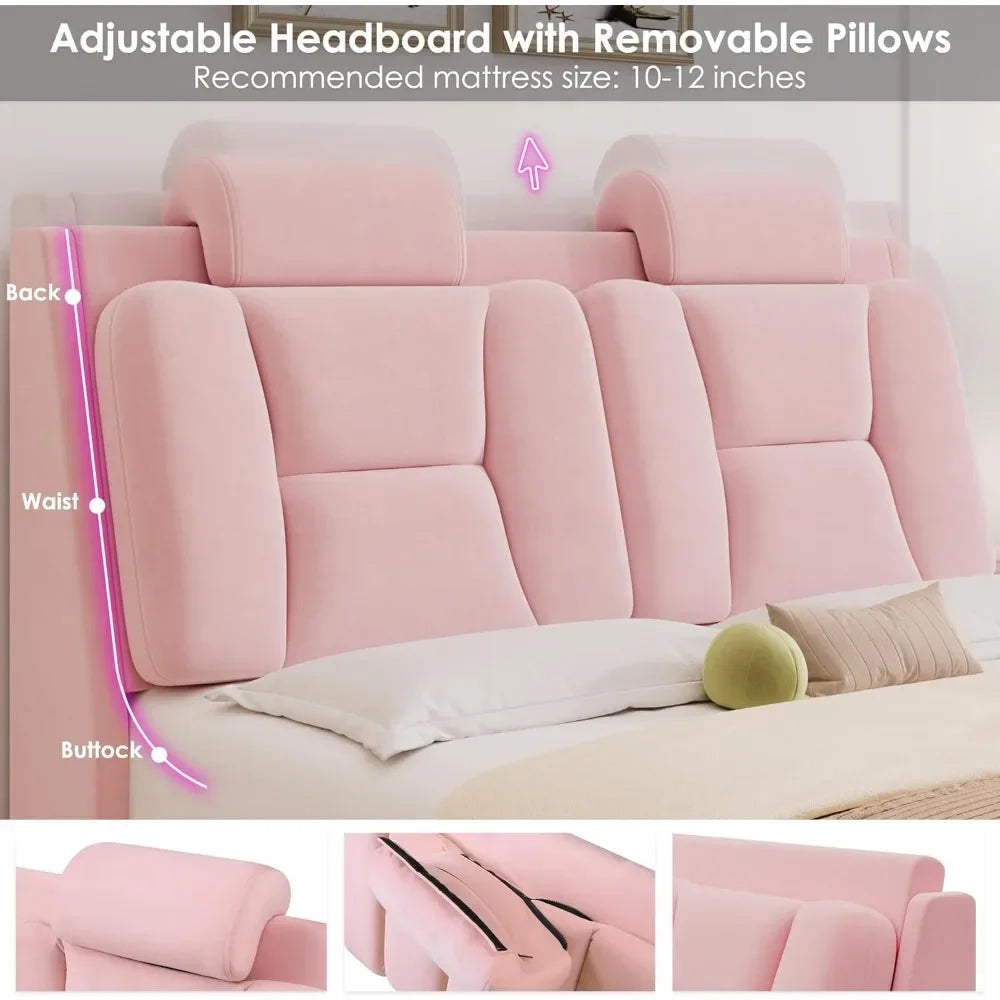 Led Bed Frame with Wheels Decor & Adjustable Curved Headboard