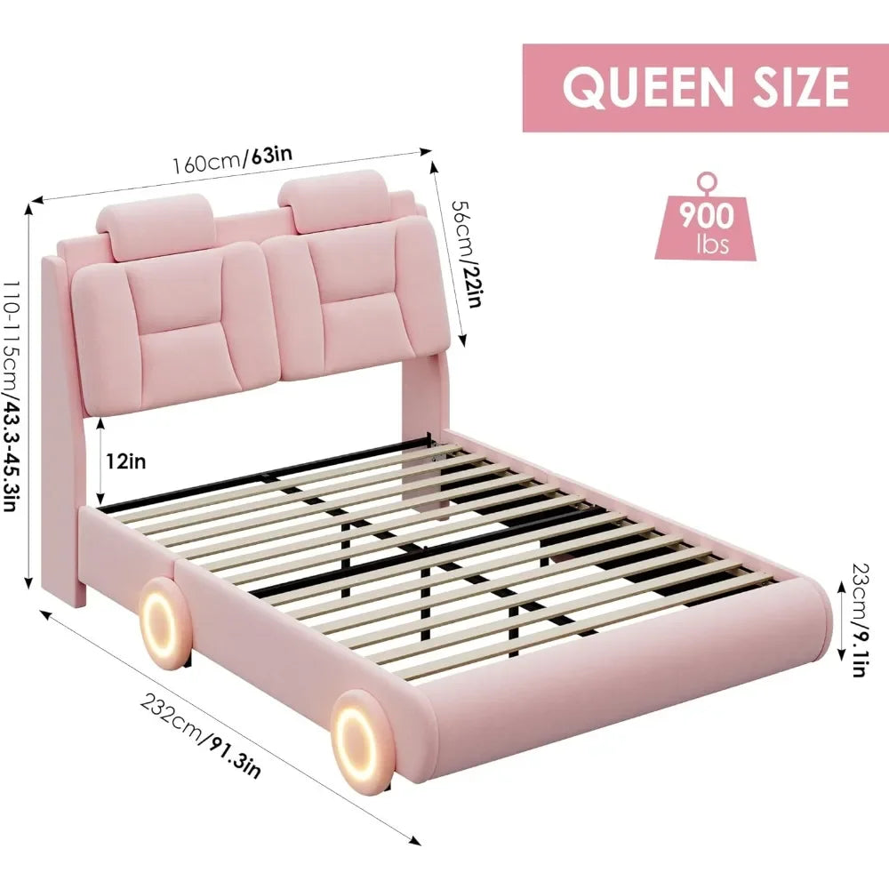 Led Bed Frame with Wheels Decor & Adjustable Curved Headboard