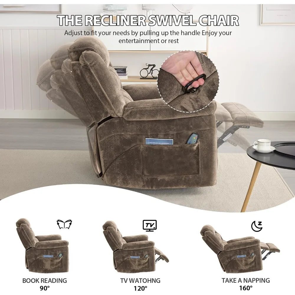 Oversized Swivel Rocker Chair with Massage and Heat Recliner, Brown