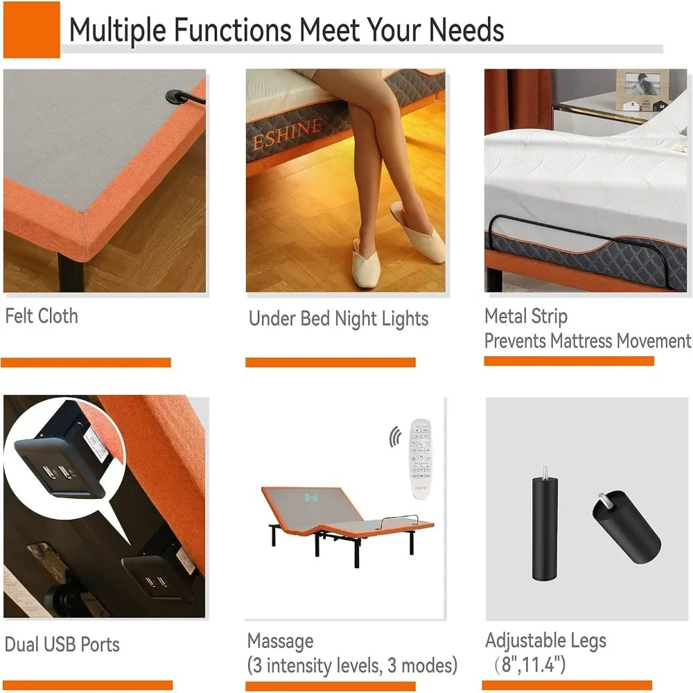 Electric Beds Base with Massage, Wireless Remote, Ergonomic Foot
