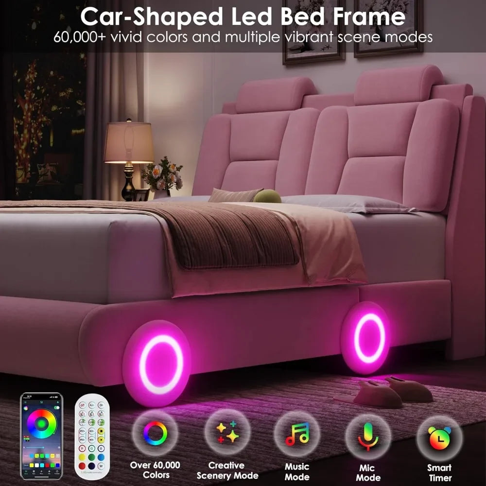 Led Bed Frame with Wheels Decor & Adjustable Curved Headboard