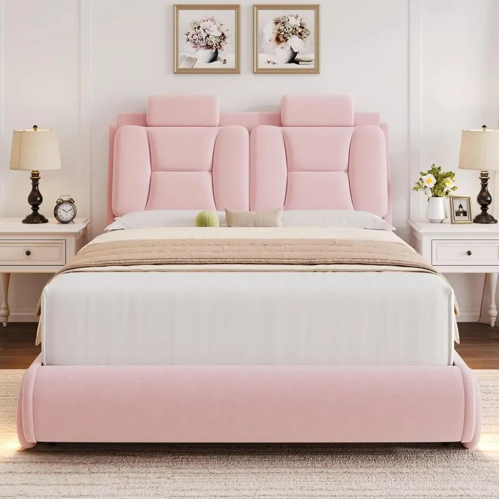 Led Bed Frame with Wheels Decor & Adjustable Curved Headboard