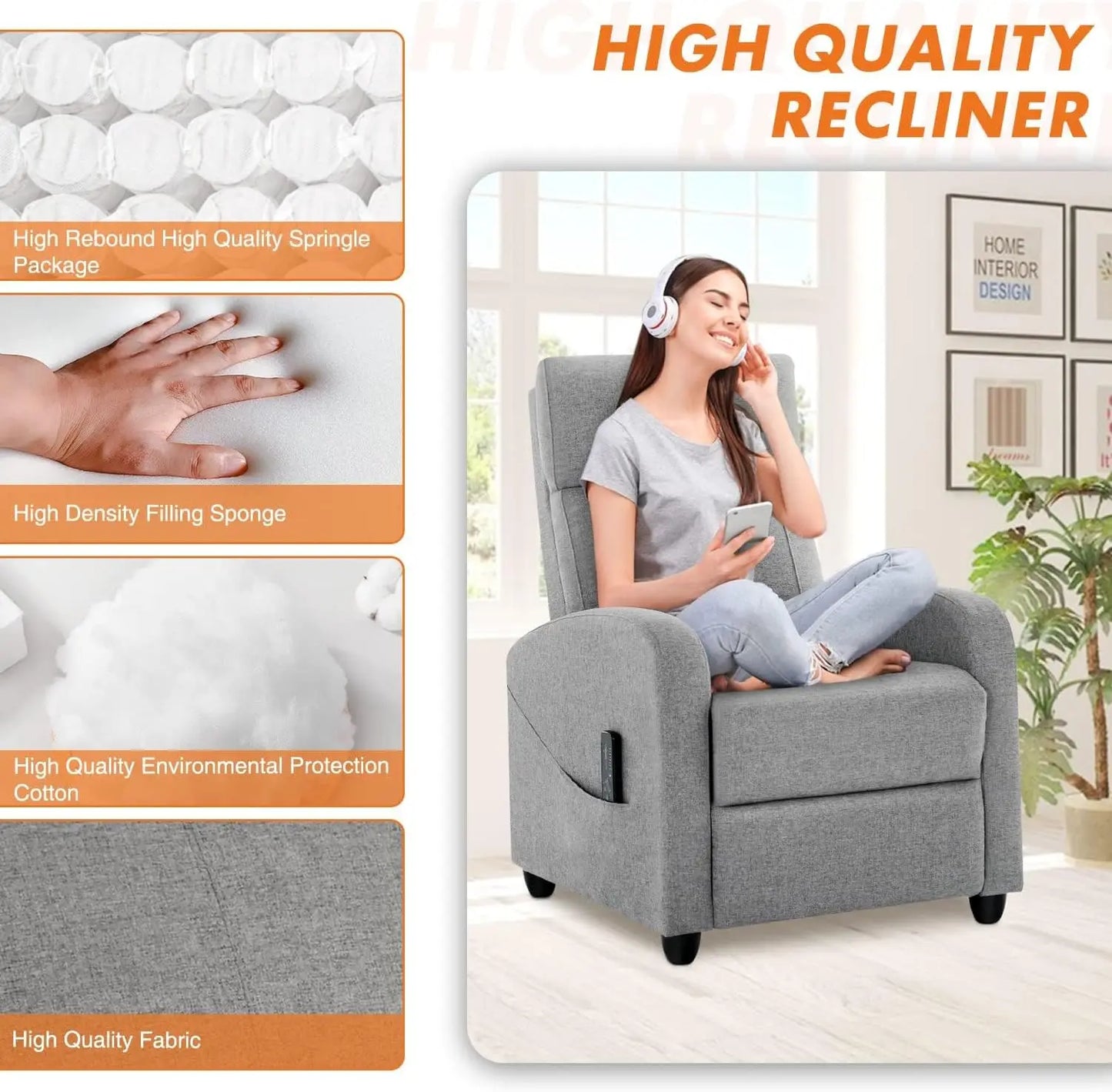 Chair for Adults, Massage Fabric Small Recliner Home Theater Chair