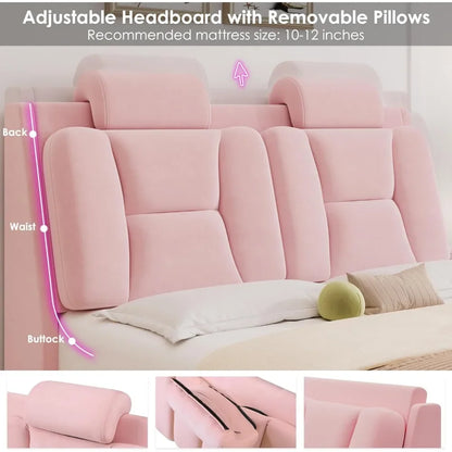 Led Bed Frame with Wheels Decor & Adjustable Curved Headboard