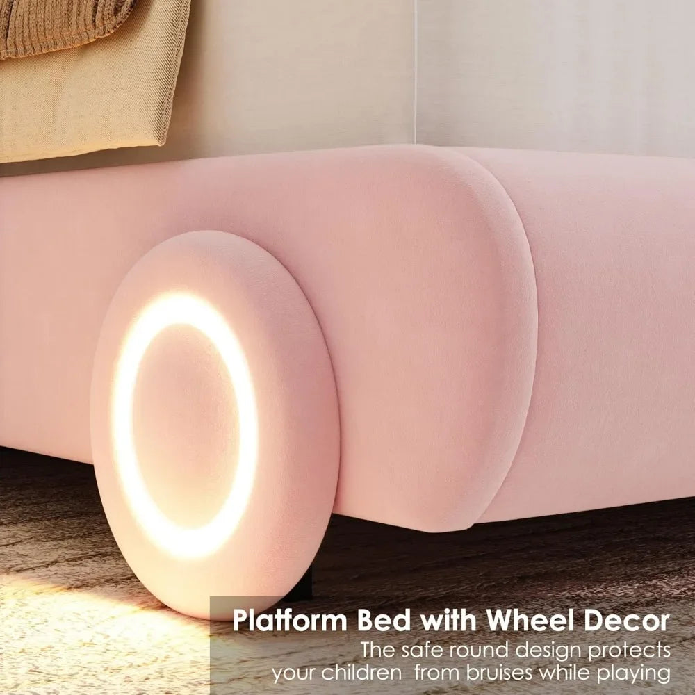 Led Bed Frame with Wheels Decor & Adjustable Curved Headboard