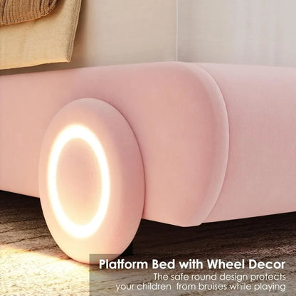 Led Bed Frame with Wheels Decor & Adjustable Curved Headboard