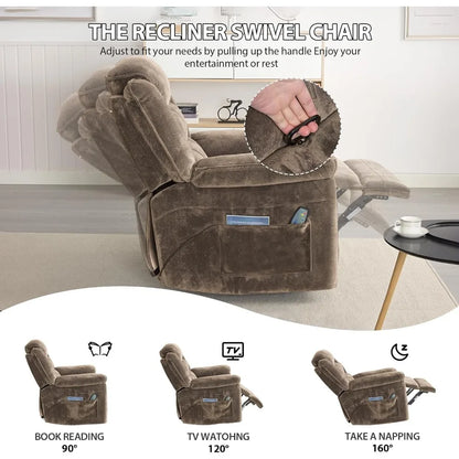 Oversized Swivel Rocker Chair with Massage and Heat Recliner, Brown