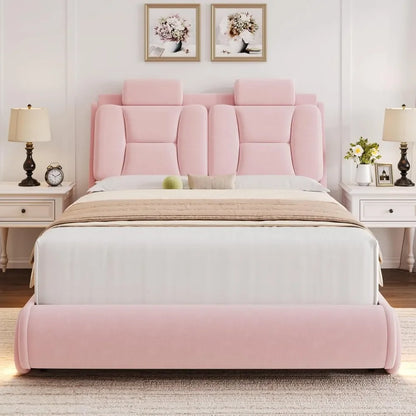 Led Bed Frame with Wheels Decor & Adjustable Curved Headboard